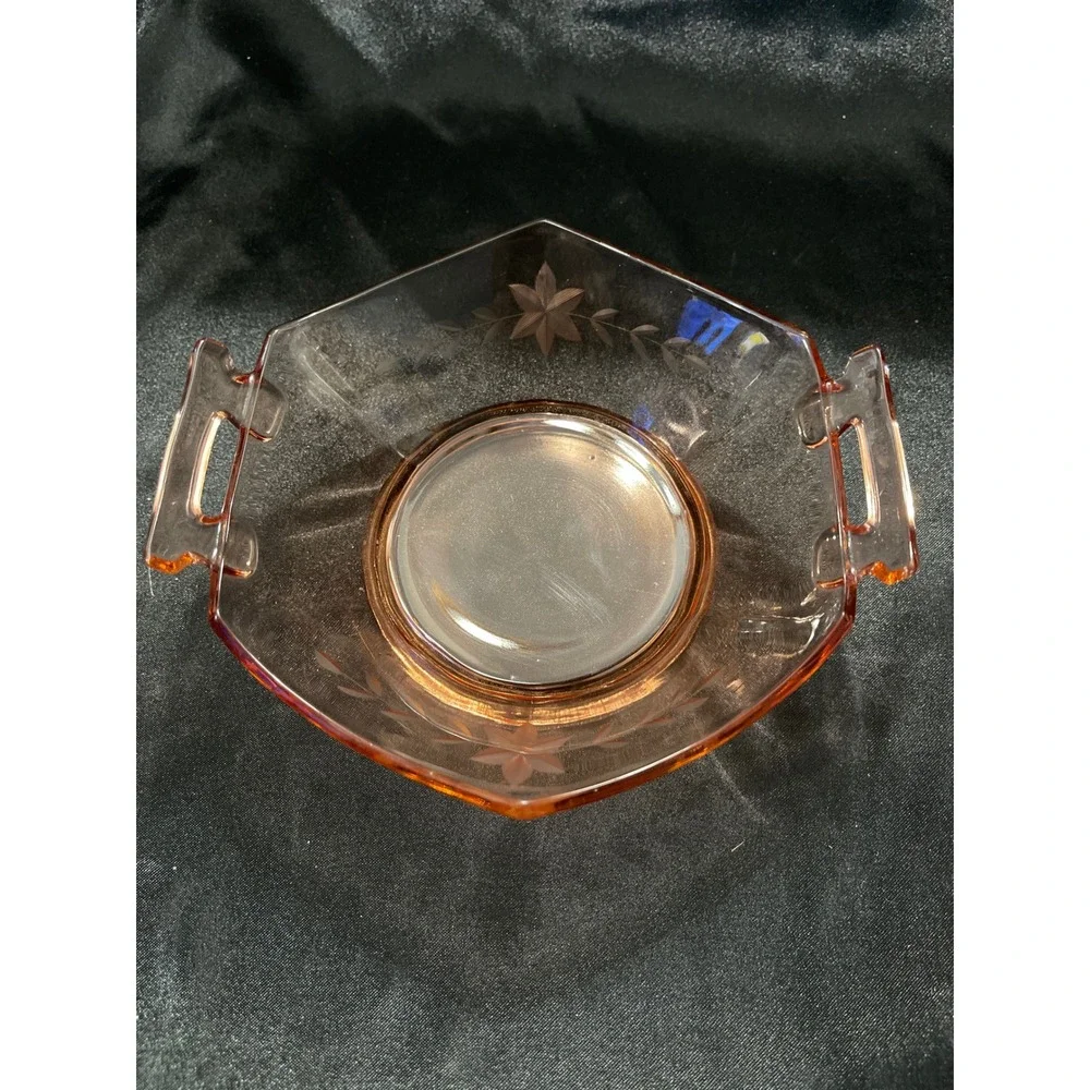 Vintage Pink Depression Glass Hexagon Bowl Etched Floral Pattern Tab Handles‎